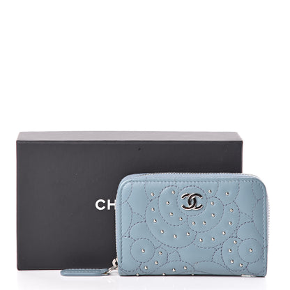 Chanel Lambskin Camellia Embossed Studded Zip Coin Purse Blue 8 of 8