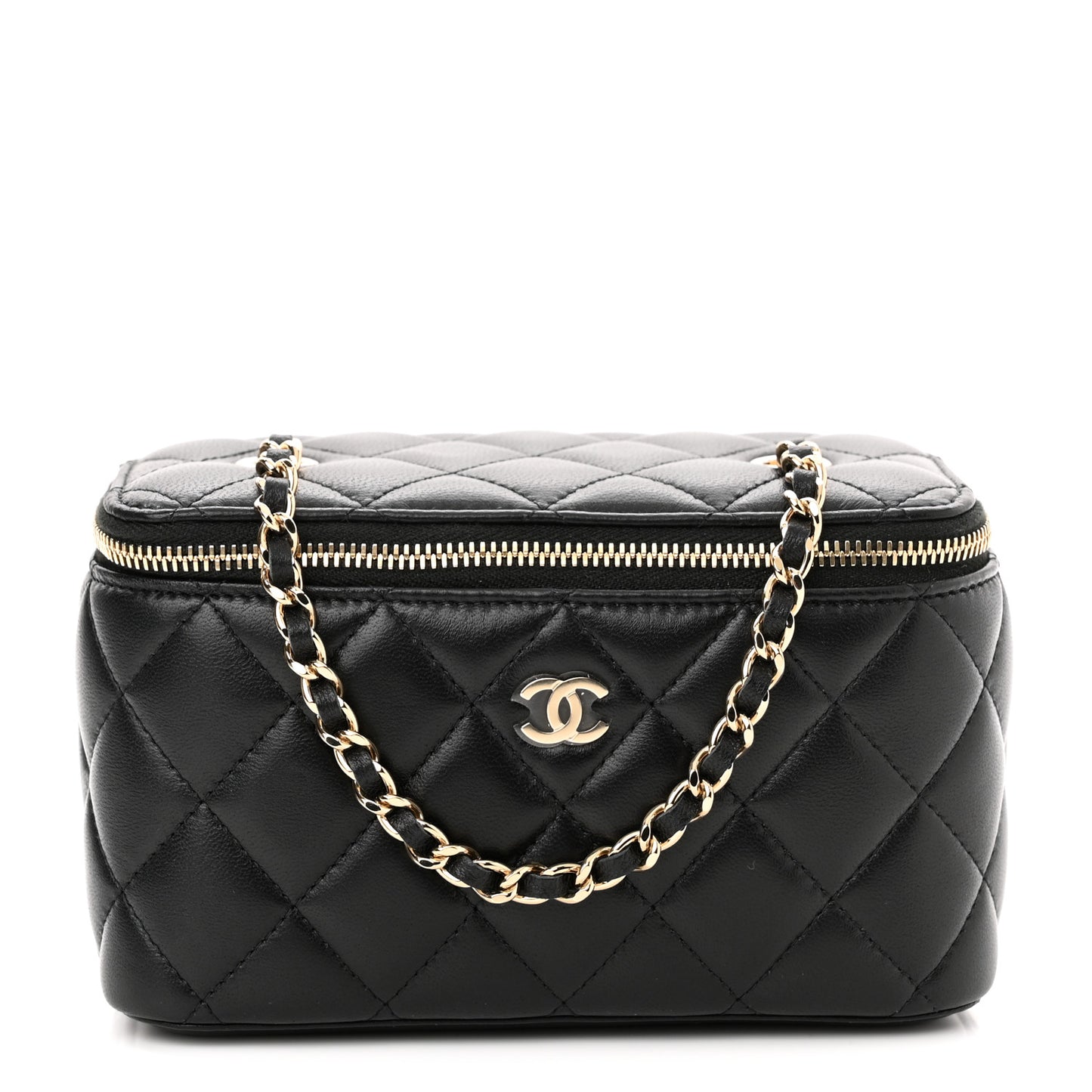 Lambskin Quilted Small Vanity Case With Chain Black