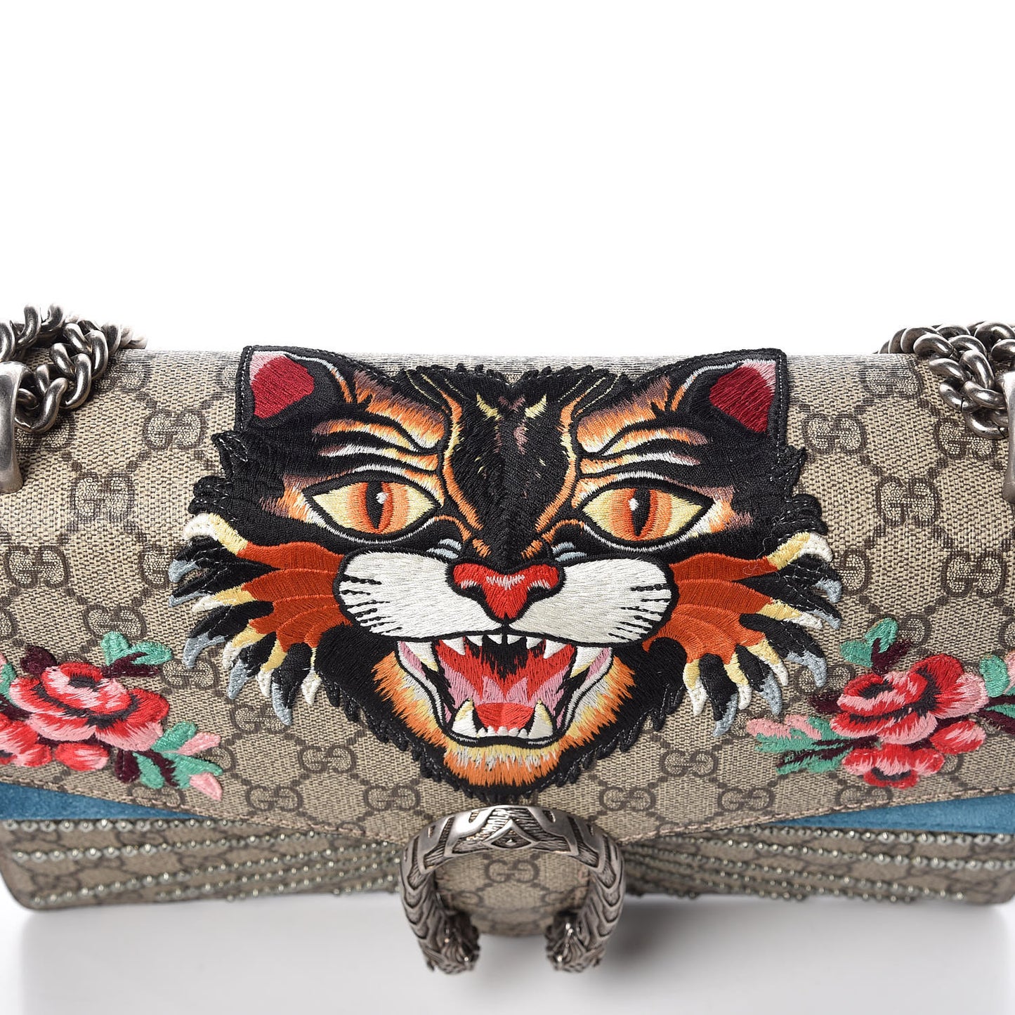 GG Supreme Monogram Angry Cat Embroidered Medium Dionysus Shoulder Bag Beige Ultramarine