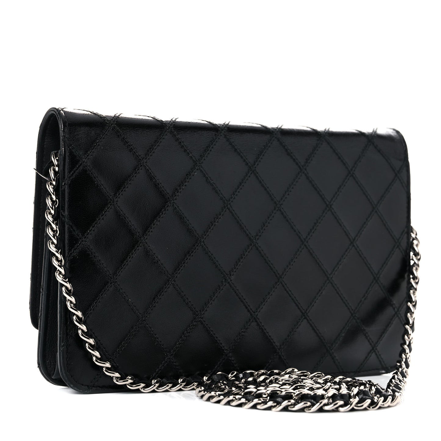 Lambskin Diamond Stitched Wallet On Chain WOC Black