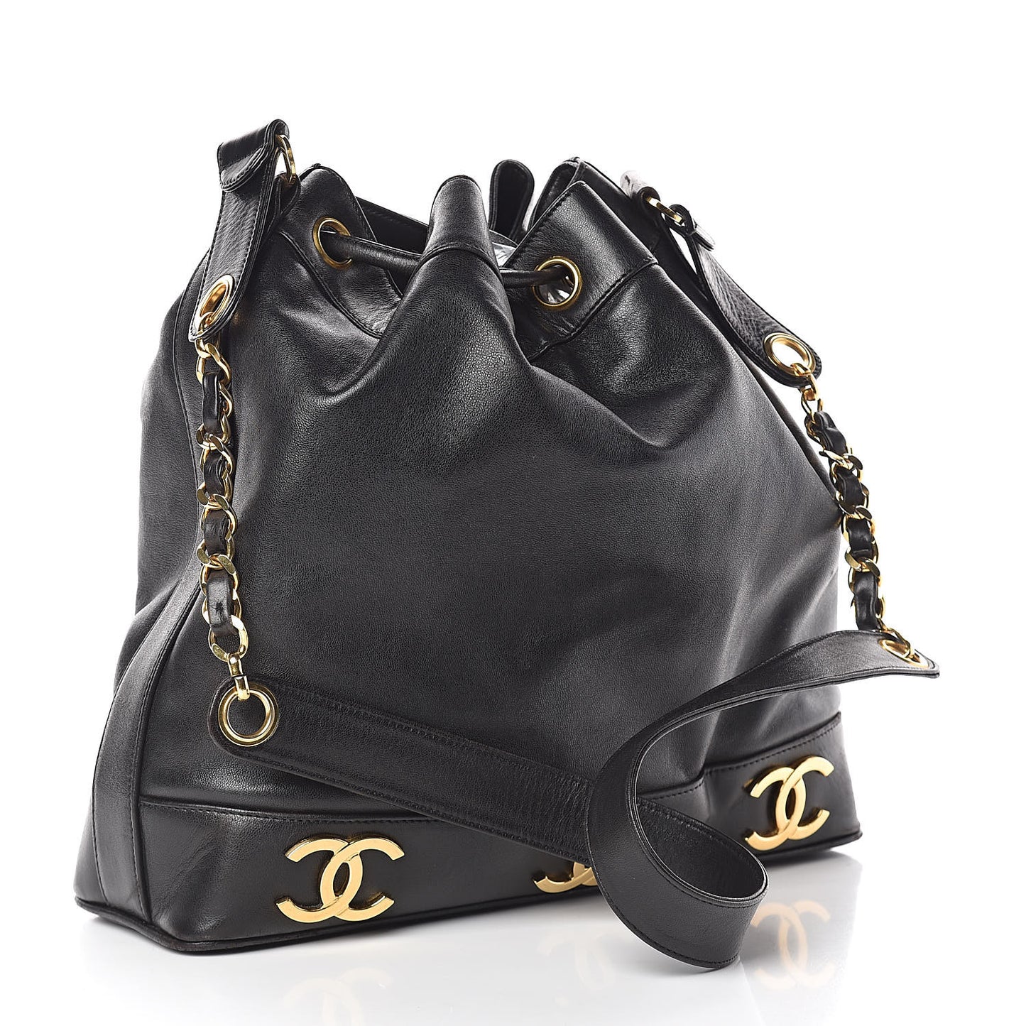 Lambskin CC Drawstring Shoulder Bag Black