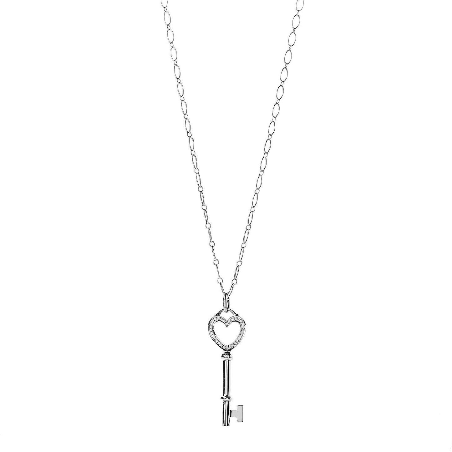 18K White Gold Diamond Mini Heart Key Charm Pendant Link Necklace