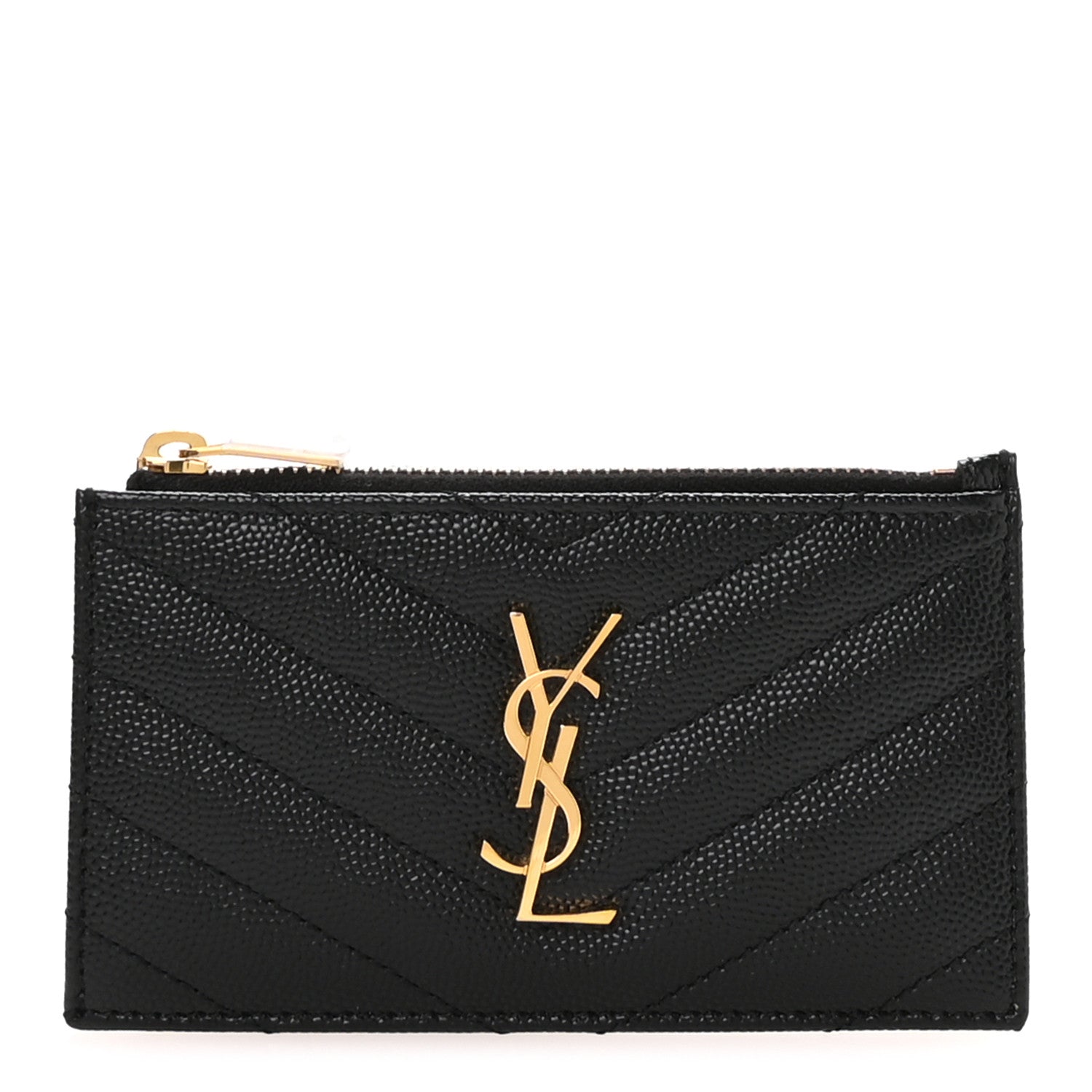 Saint Laurent Grain De Poudre Matelasse Chevron Monogram Fragments Zippered Card Case Black 1 of 8