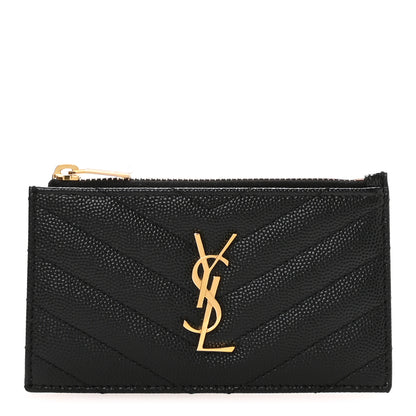 Saint Laurent Grain De Poudre Matelasse Chevron Monogram Fragments Zippered Card Case Black 1 of 8