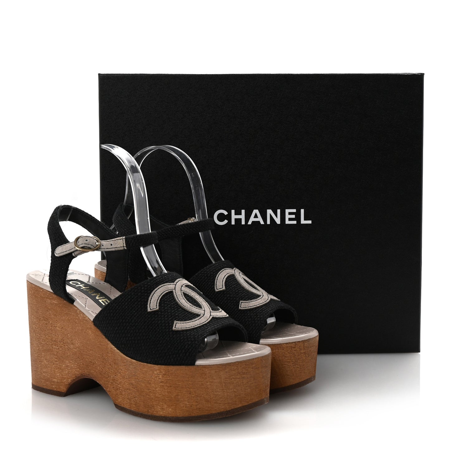 Fabric Calfskin Platform Wedge Sandals 37 Black