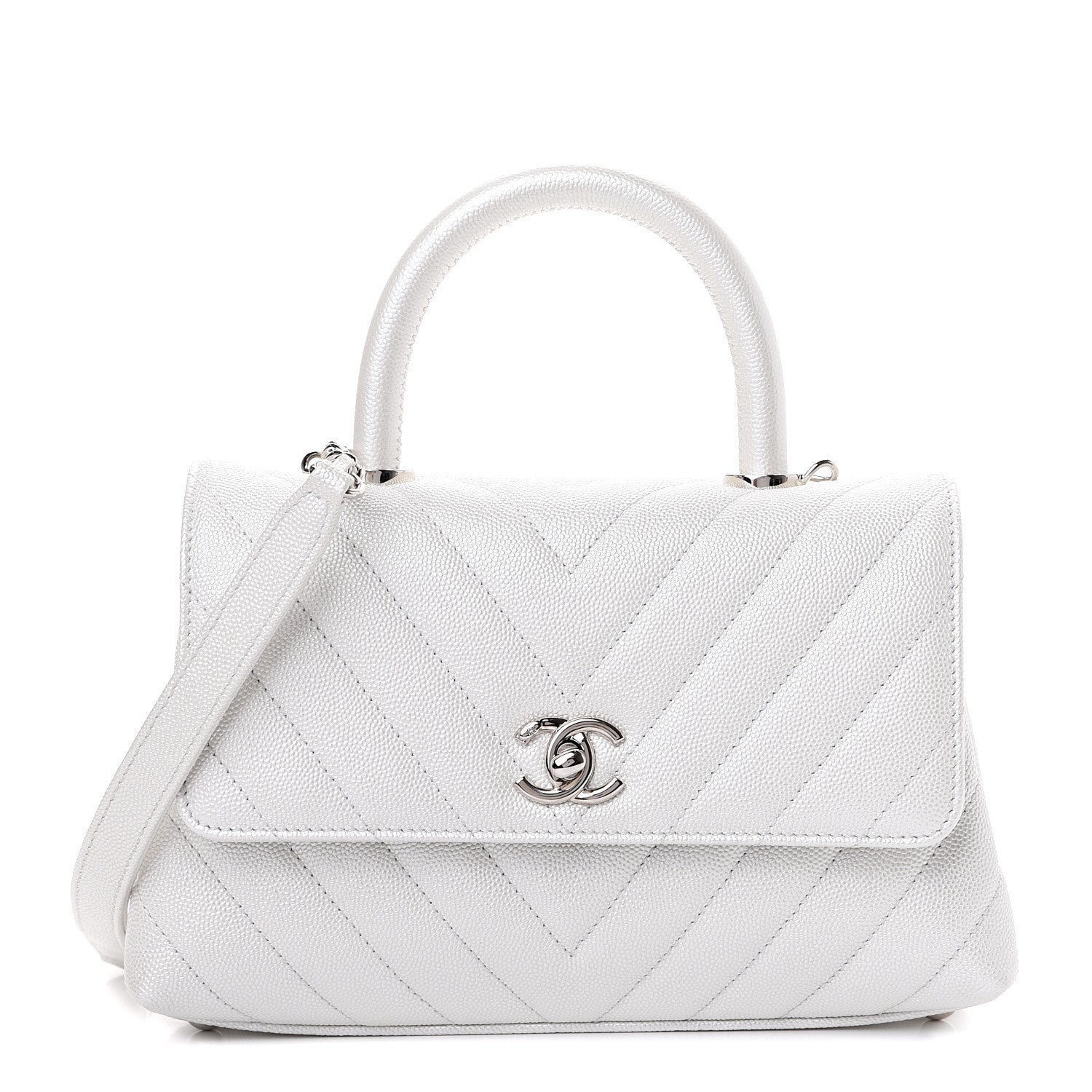 Chanel Iridescent Caviar Chevron Quilted Mini Coco Handle Flap White 1 of 11