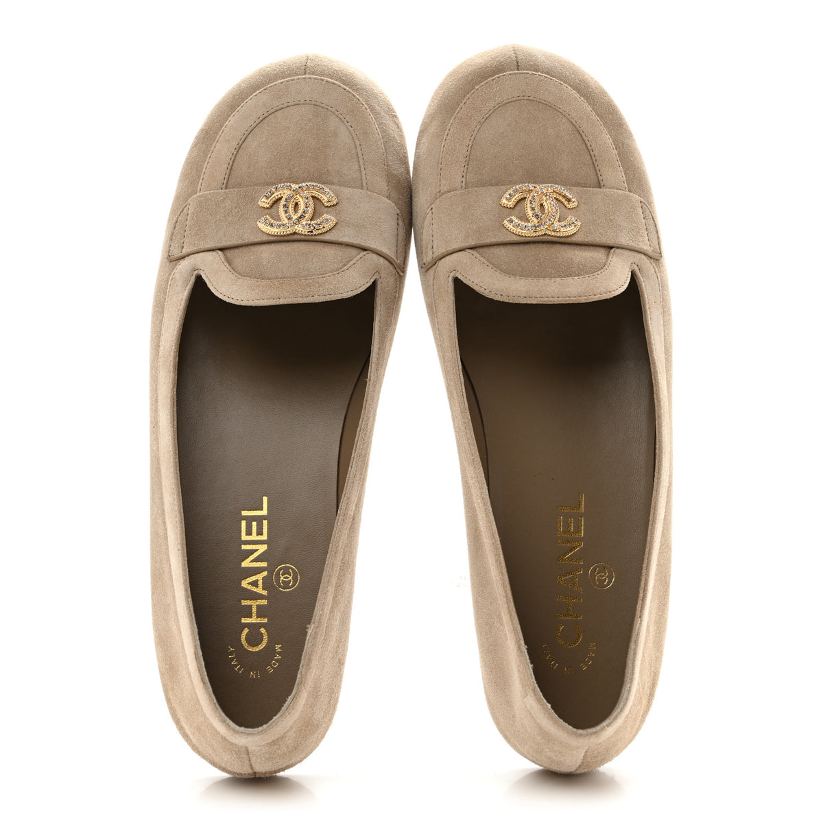 Suede Crystal CC Mocassin Loafers 39.5 Beige
