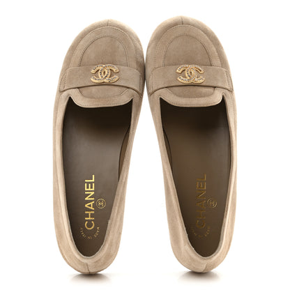 Chanel Suede Crystal CC Mocassin Loafers 39.5 Beige 2 of 14