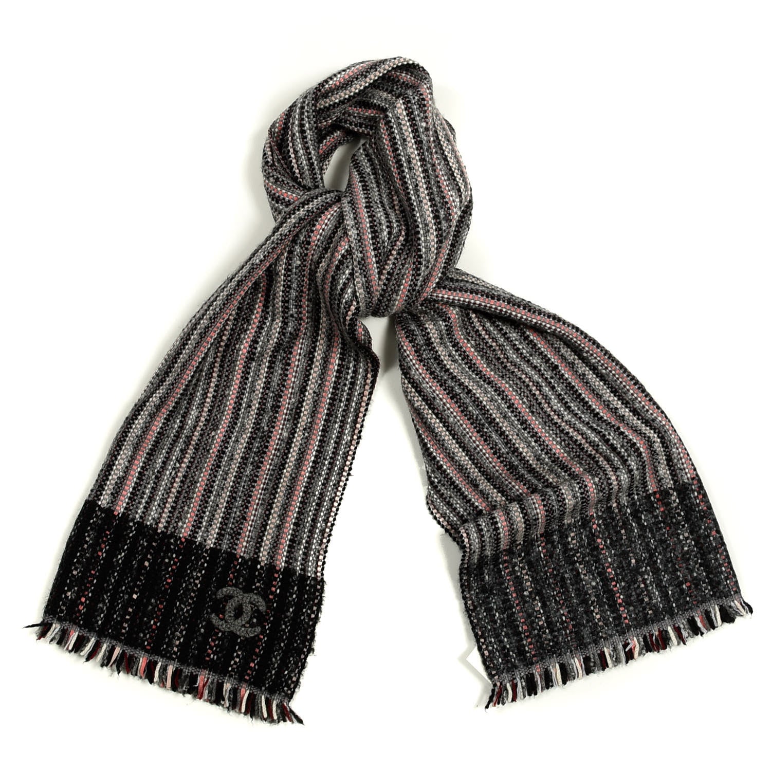 Chanel Cashmere Goat Leather Silk CC Logo Scarf Grey Red 1 of 4