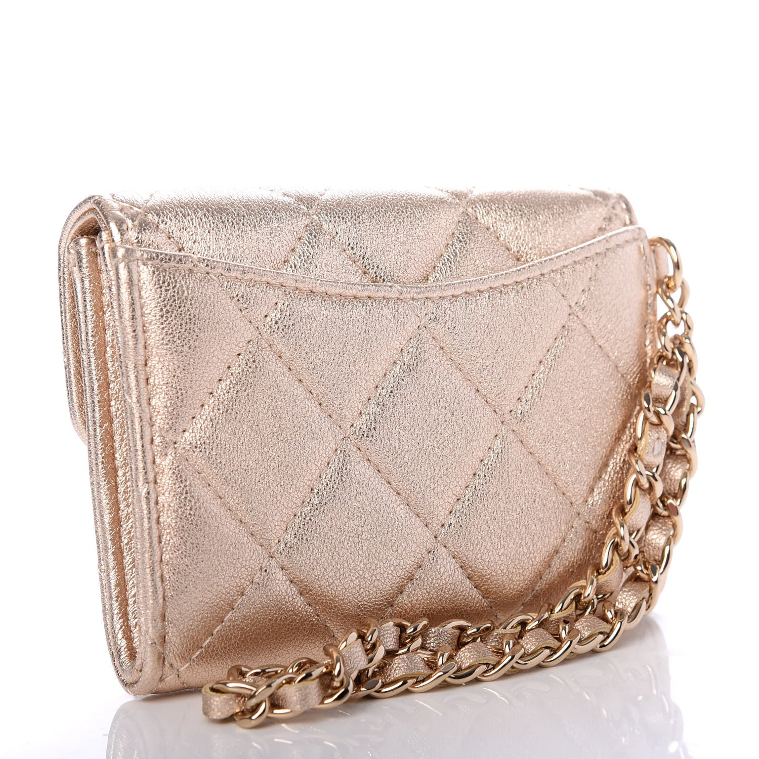 Chanel Metallic Lambskin Quilted Flap Card Holder Chain Wristlet Gold 3 of 9