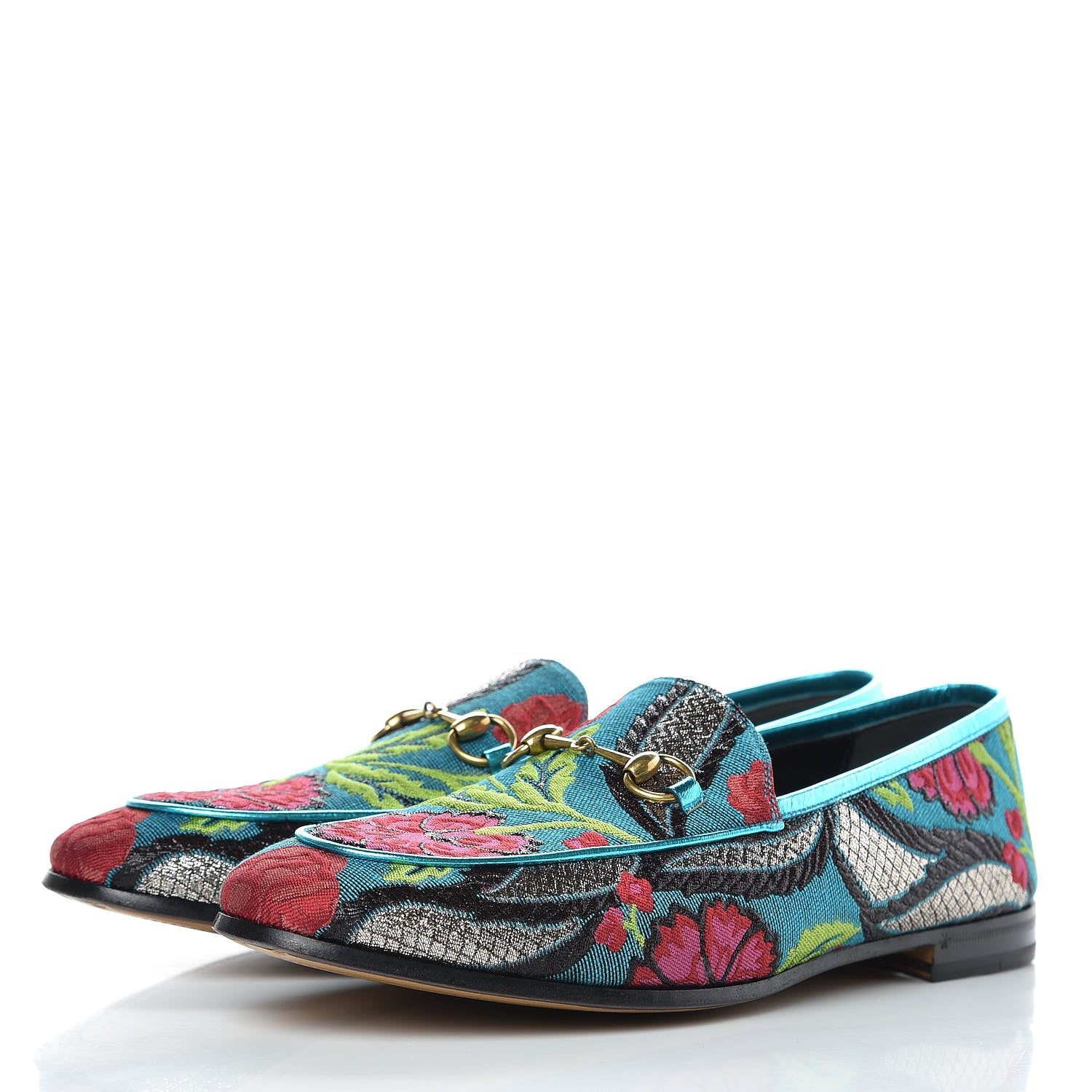 Gucci Floral Jacquard Horsebit Womens Jordaan Loafers 40.5 Turquoise 3 of 8