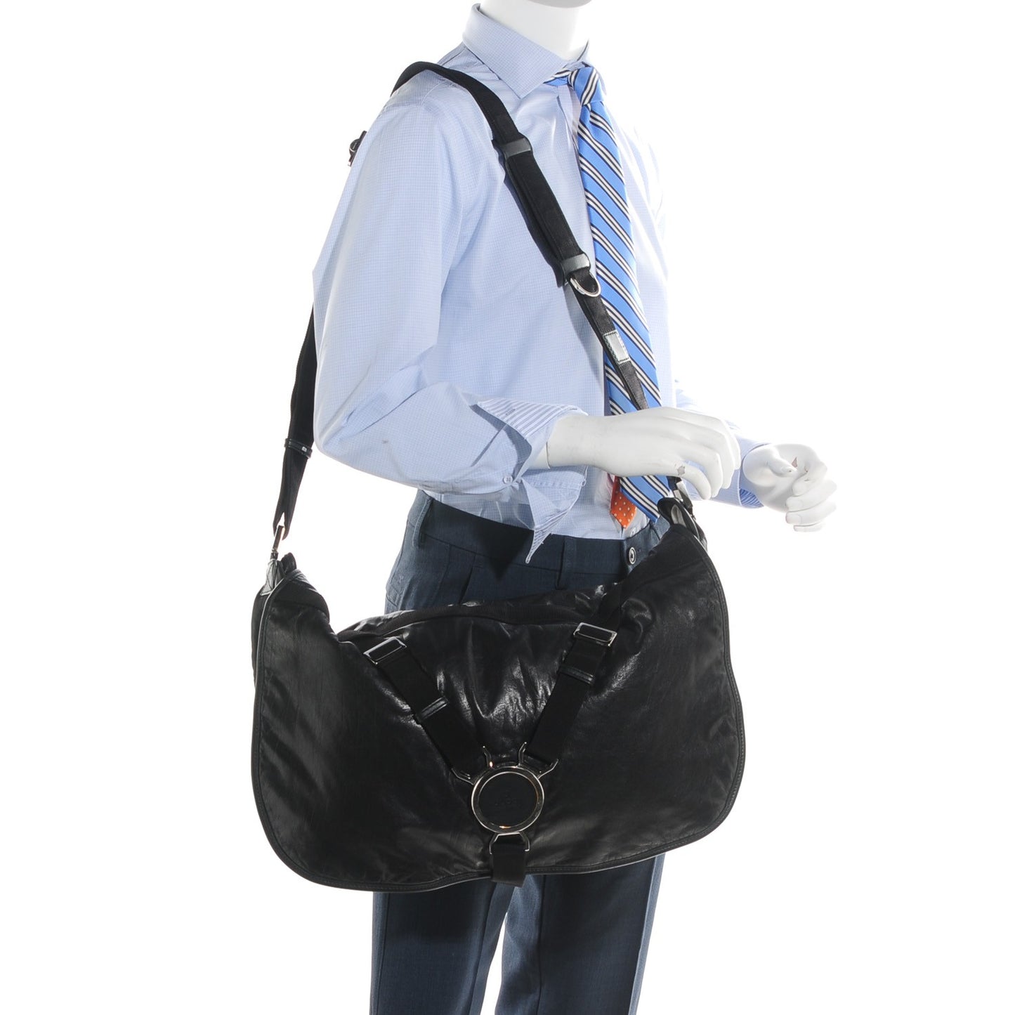 Leather Techno Horsebit Messenger Bag Black