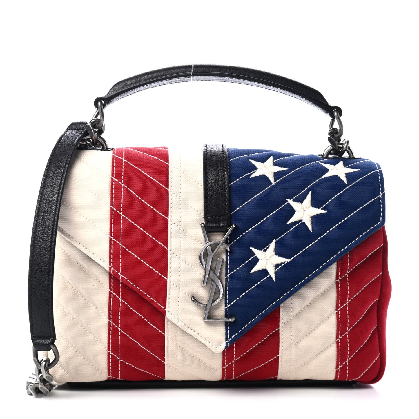 Canvas Matelasse Chevron American Flag Monogram Medium College Bag Red Blue