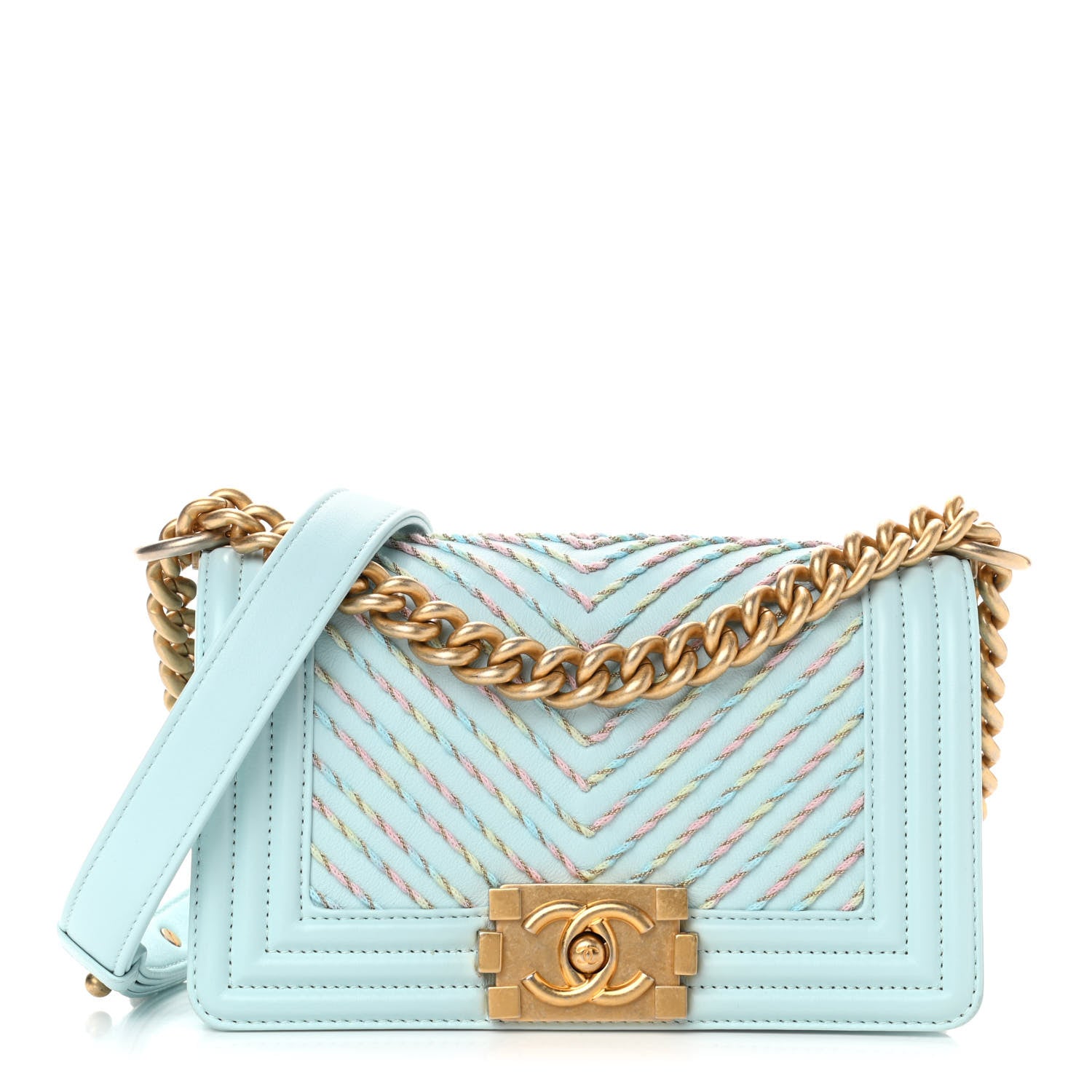 Chanel Calfskin Chevron Embroidered Small Boy By The Sea Flap Light Blue 1 of 10