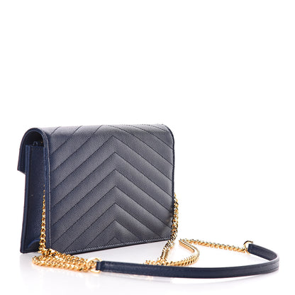 Saint Laurent Grain De Poudre Matelasse Chevron Monogram Envelope Chain Wallet Navy 3 of 10
