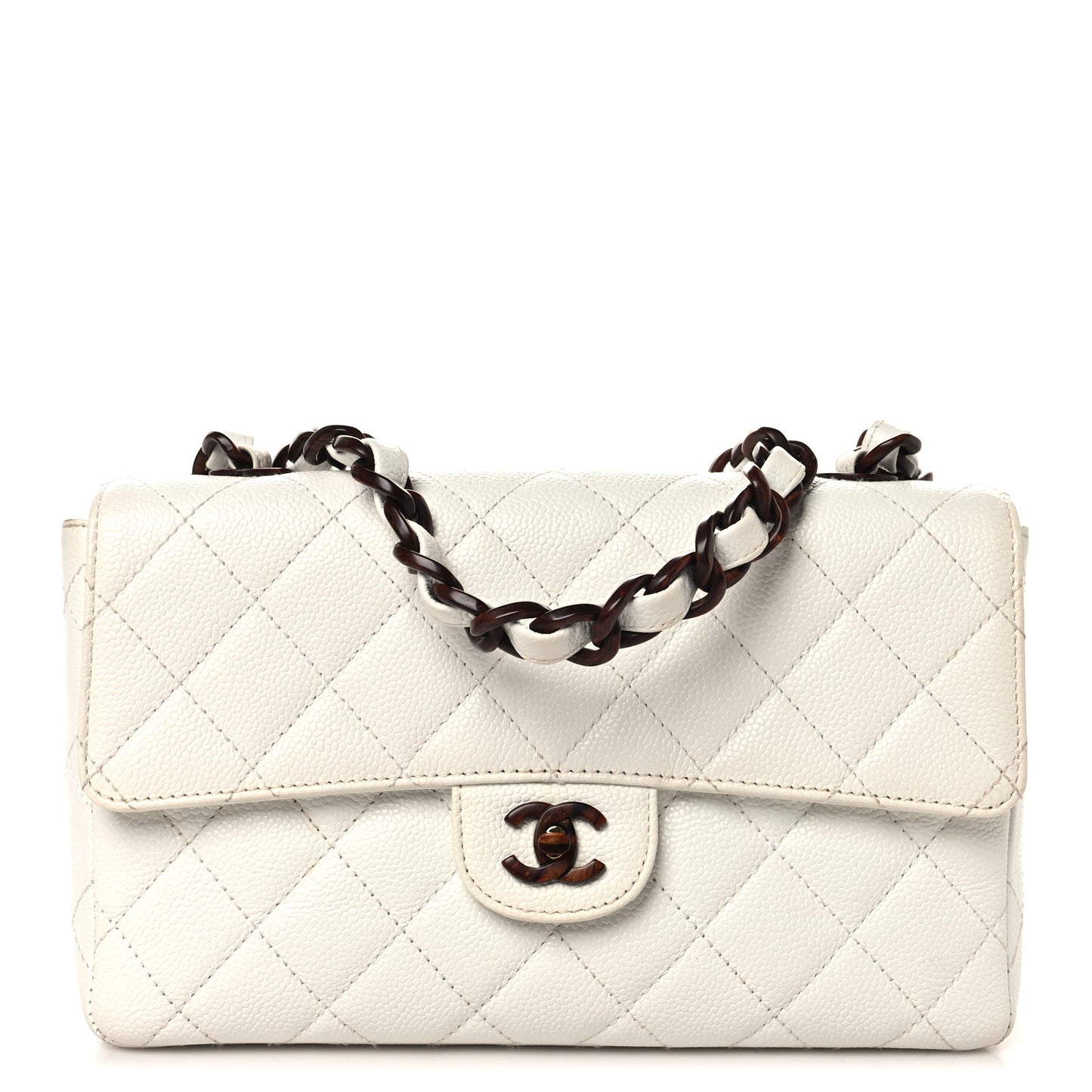Caviar Quilted Tortoise Medium Single Flap White