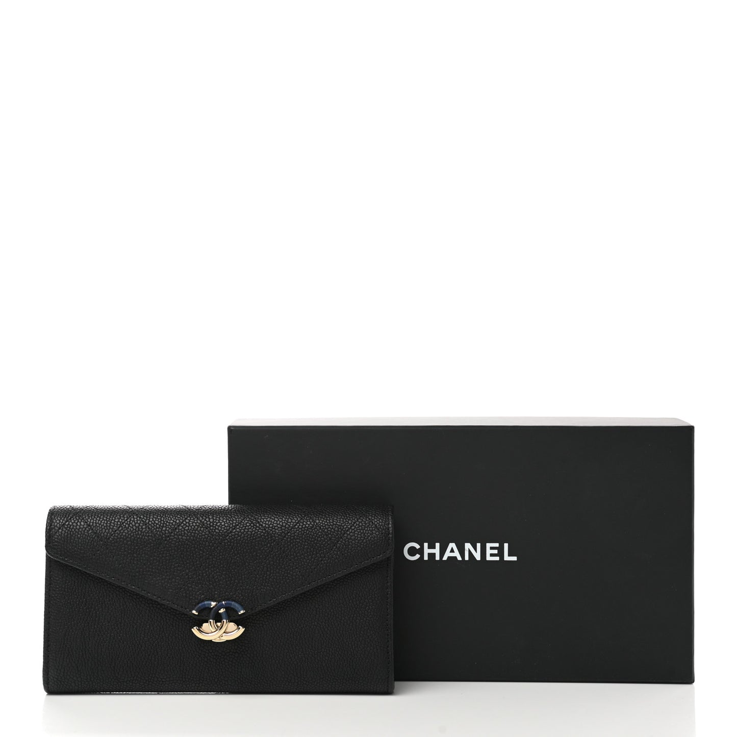 Caviar Quilted CC Box Gusset Flap Wallet Black