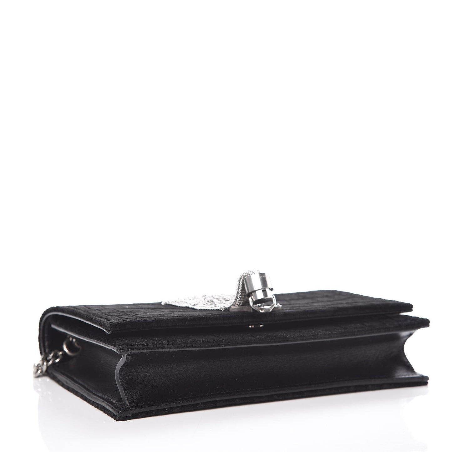 Suede Crocodile Embossed Monogram Tassel Chain Wallet Black Silver