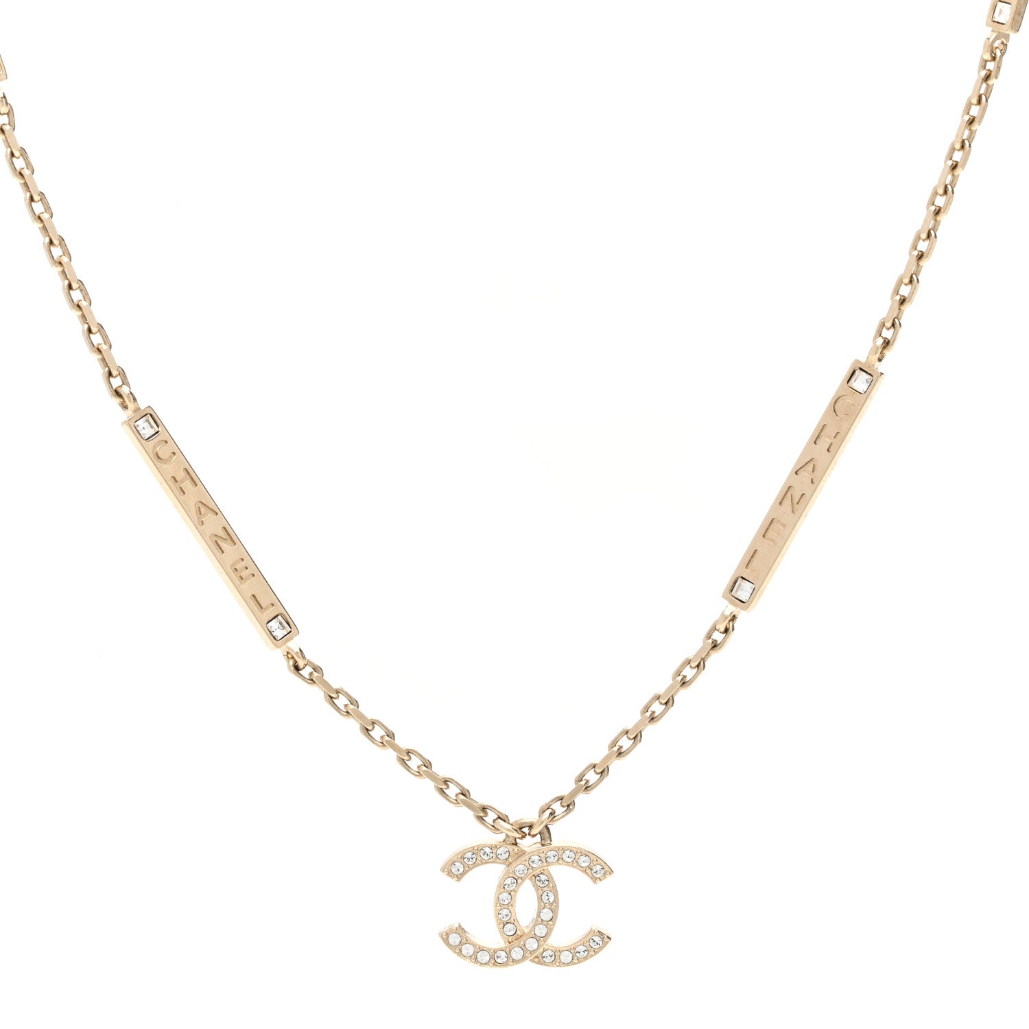 Chanel Crystal CC Logo Bar Necklace Gold 1 of 6