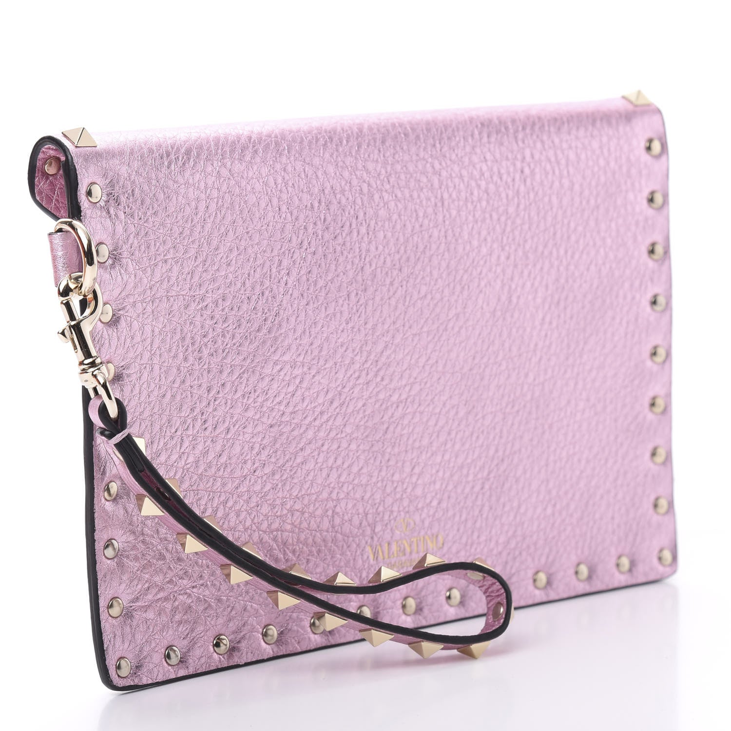 Valentino Garavani Metallic Pebbled Calfskin Medium Rockstud Envelope Flat Wristlet Pouch Giacinto 3 of 7