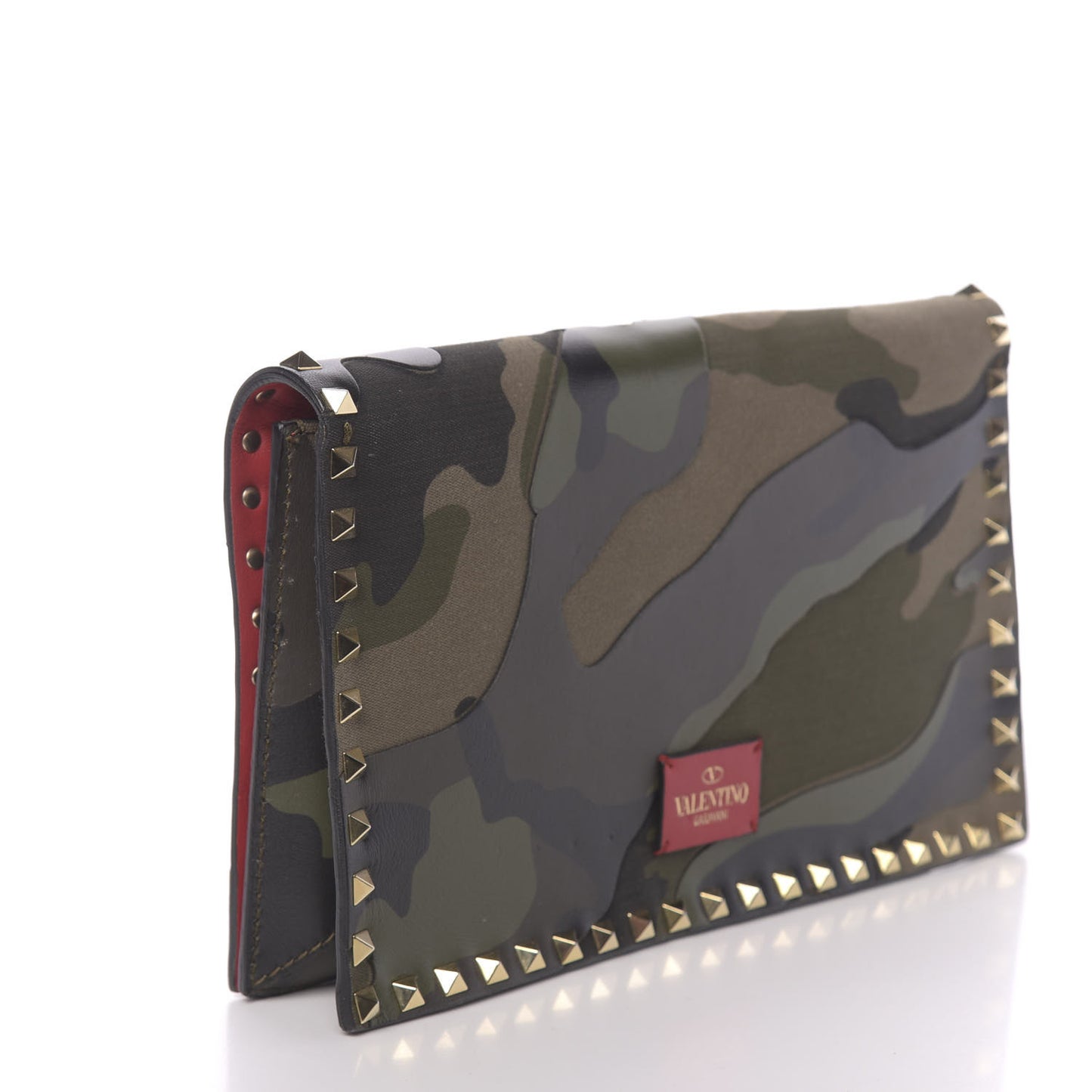 Nappa Canvas Camouflage Rockstud Wristlet Clutch Verde Rouge