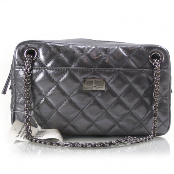 Metallic Aged Calfskin Quilted Medium Reissue Camera Case Dark Silver