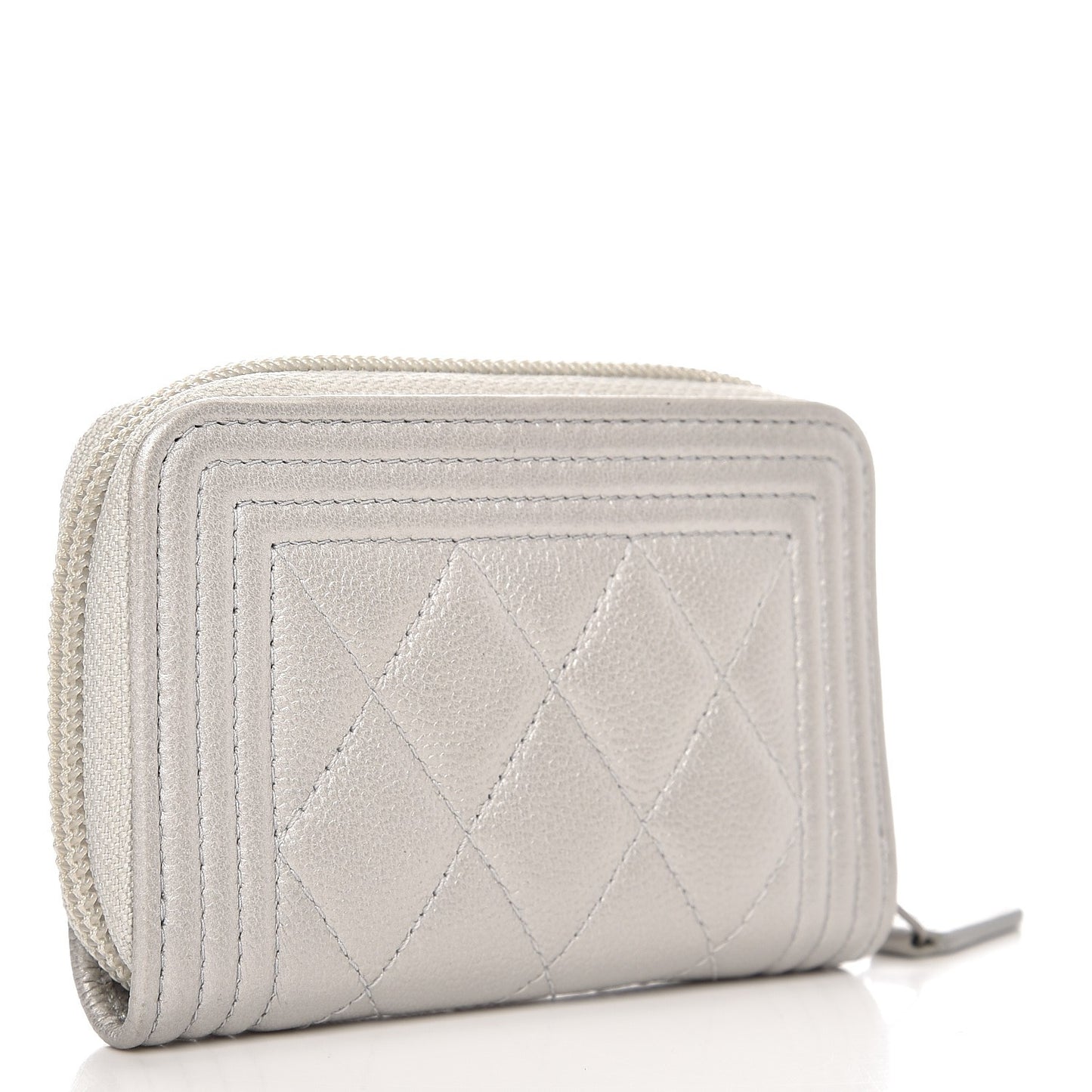 Metallic Caviar Quilted Boy Zip Around Coin Purse Wallet Silver