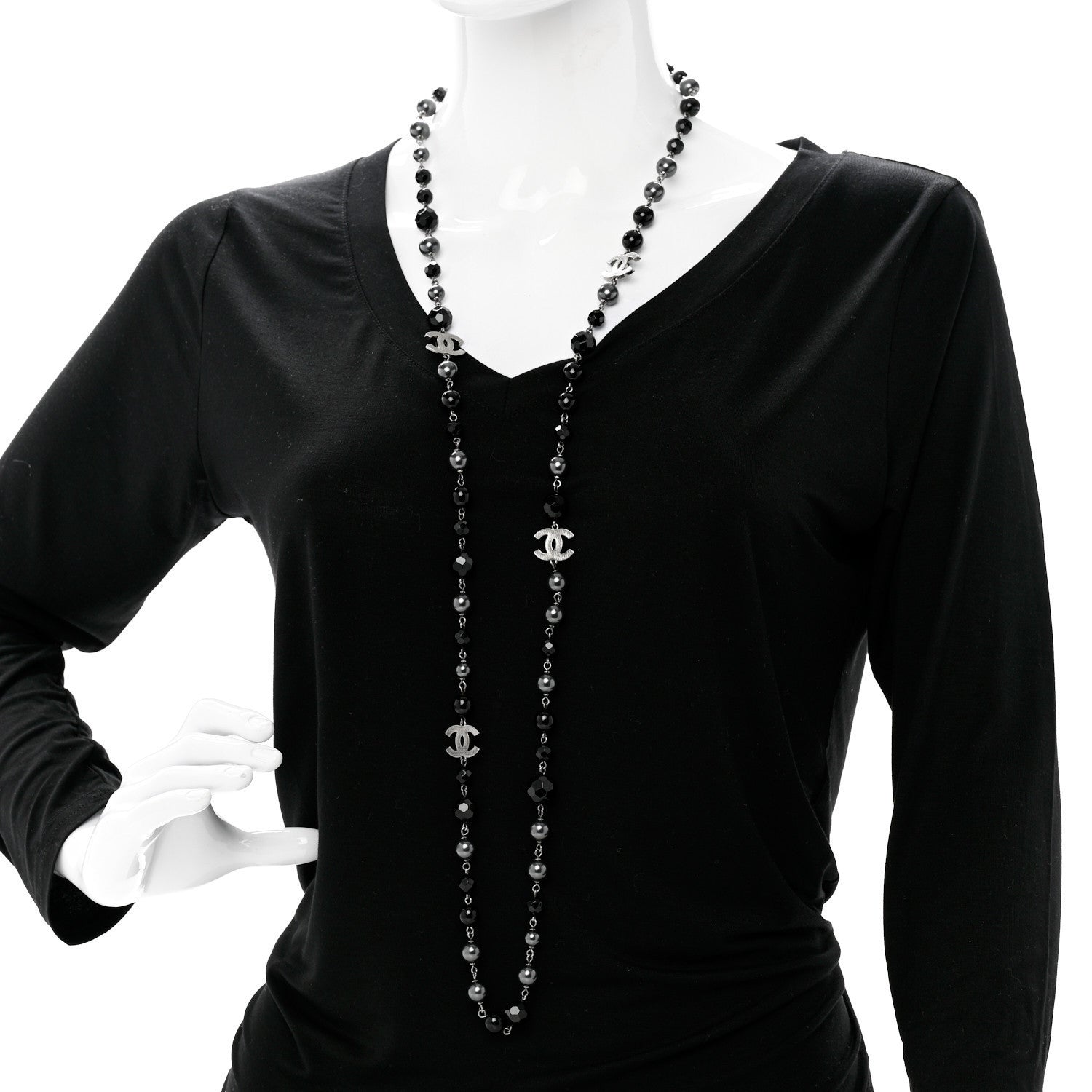 Chanel Ruthenium Pearl Beaded CC Long Necklace Black 2 of 6