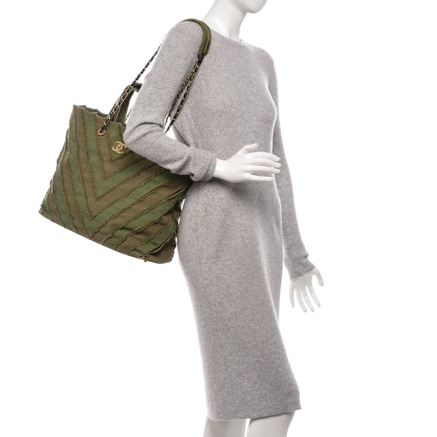 Chanel Canvas Chevron Cuba Patchwork Shopper Tote Khaki 2 of 8