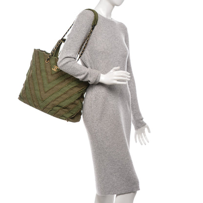 Chanel Canvas Chevron Cuba Patchwork Shopper Tote Khaki 2 of 8