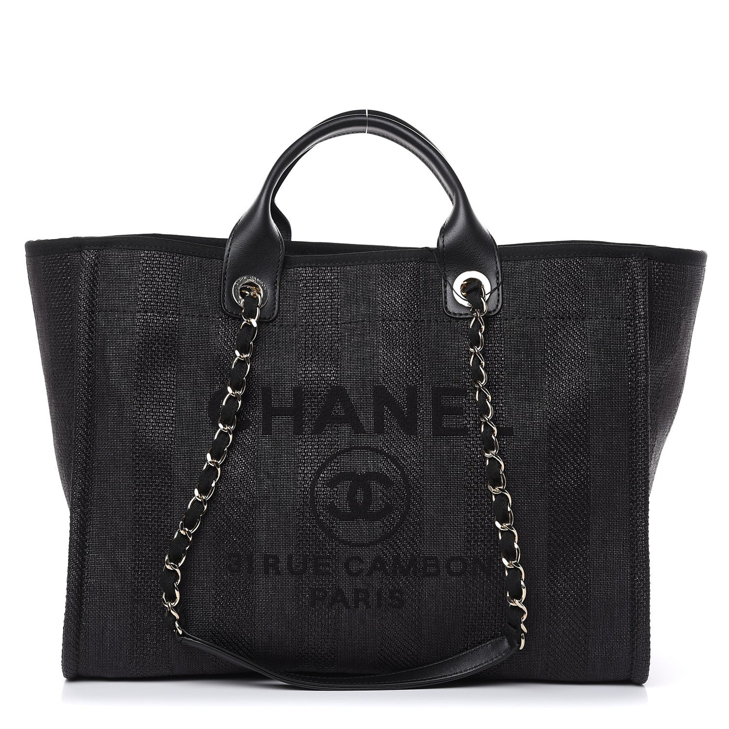 Woven Straw Raffia Striped Large Deauville Tote Black