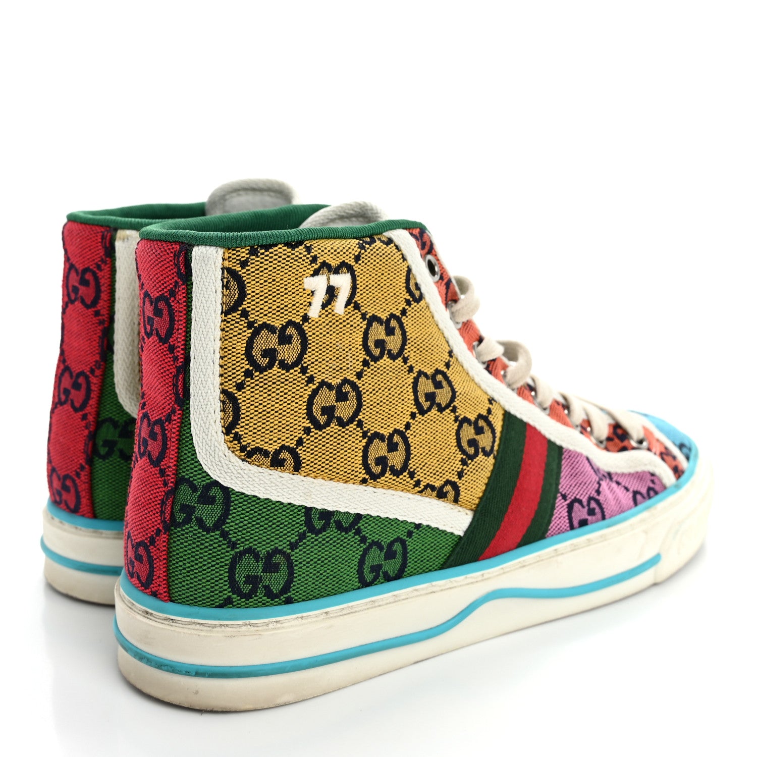 Gucci Monogram Multicolor Web Womens 1977 Tennis High Top Sneakers 36.5 Light Blue Mystic White Tangerine Pink Yellow Green Red 5 of 12