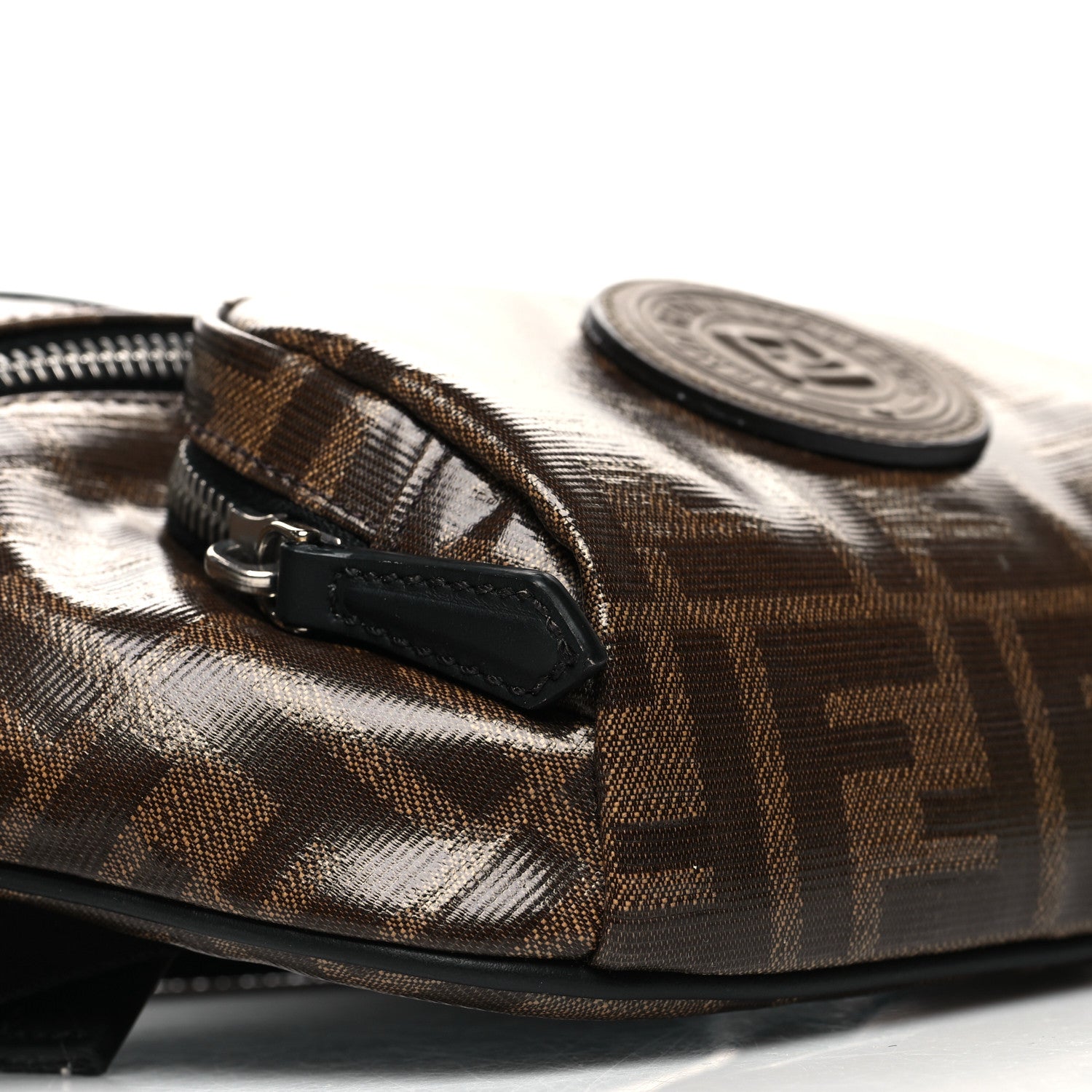 Fendi Glazed Fabric Vitello Century FF 1974 Stamp Patch Mens Pocket Belt Bag Mogano Panna Black 10 of 11
