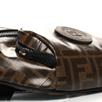 Fendi Glazed Fabric Vitello Century FF 1974 Stamp Patch Mens Pocket Belt Bag Mogano Panna Black 10 of 11