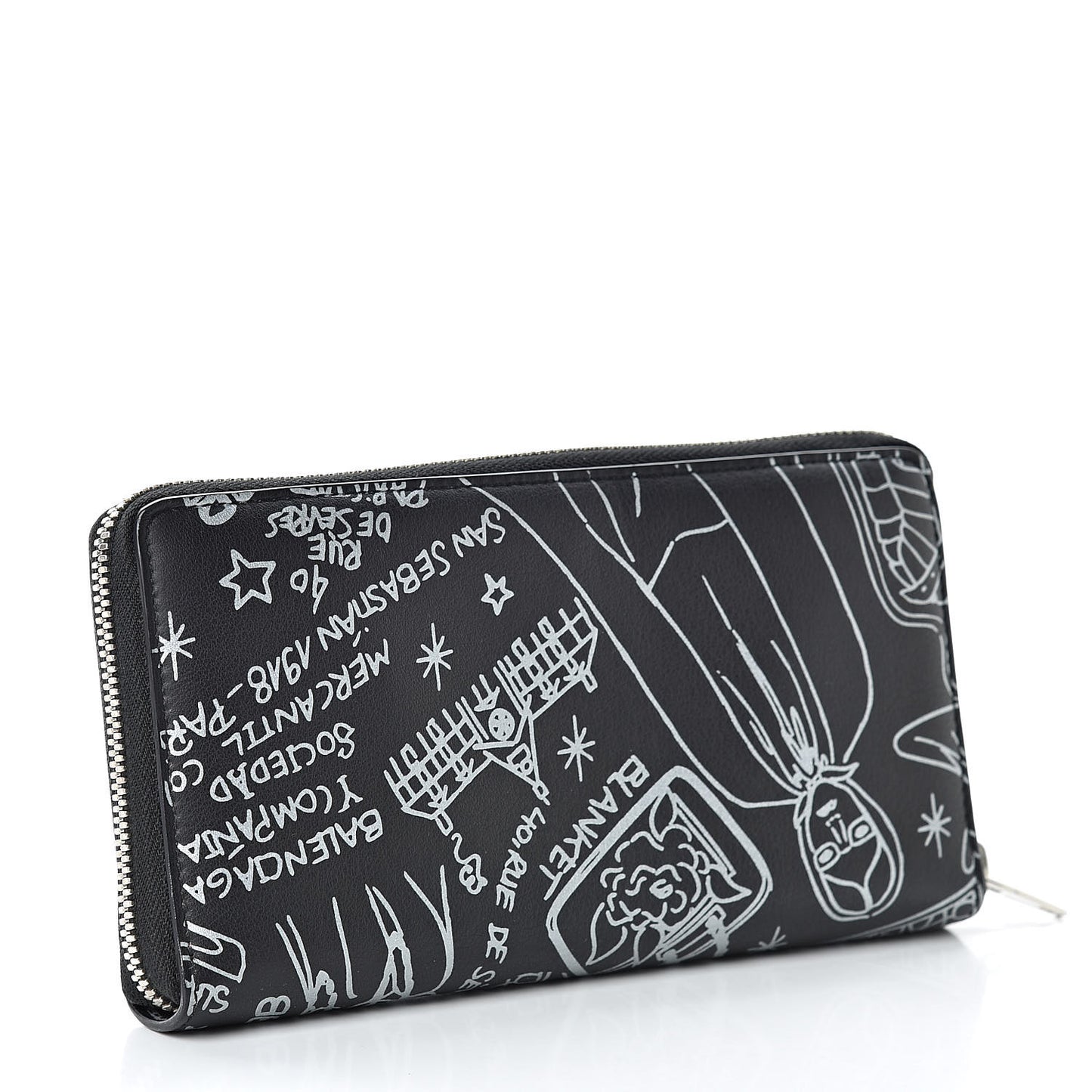 Calfskin Printed Tattoo Everyday Continental Zip Around Wallet Black Silver Hardware