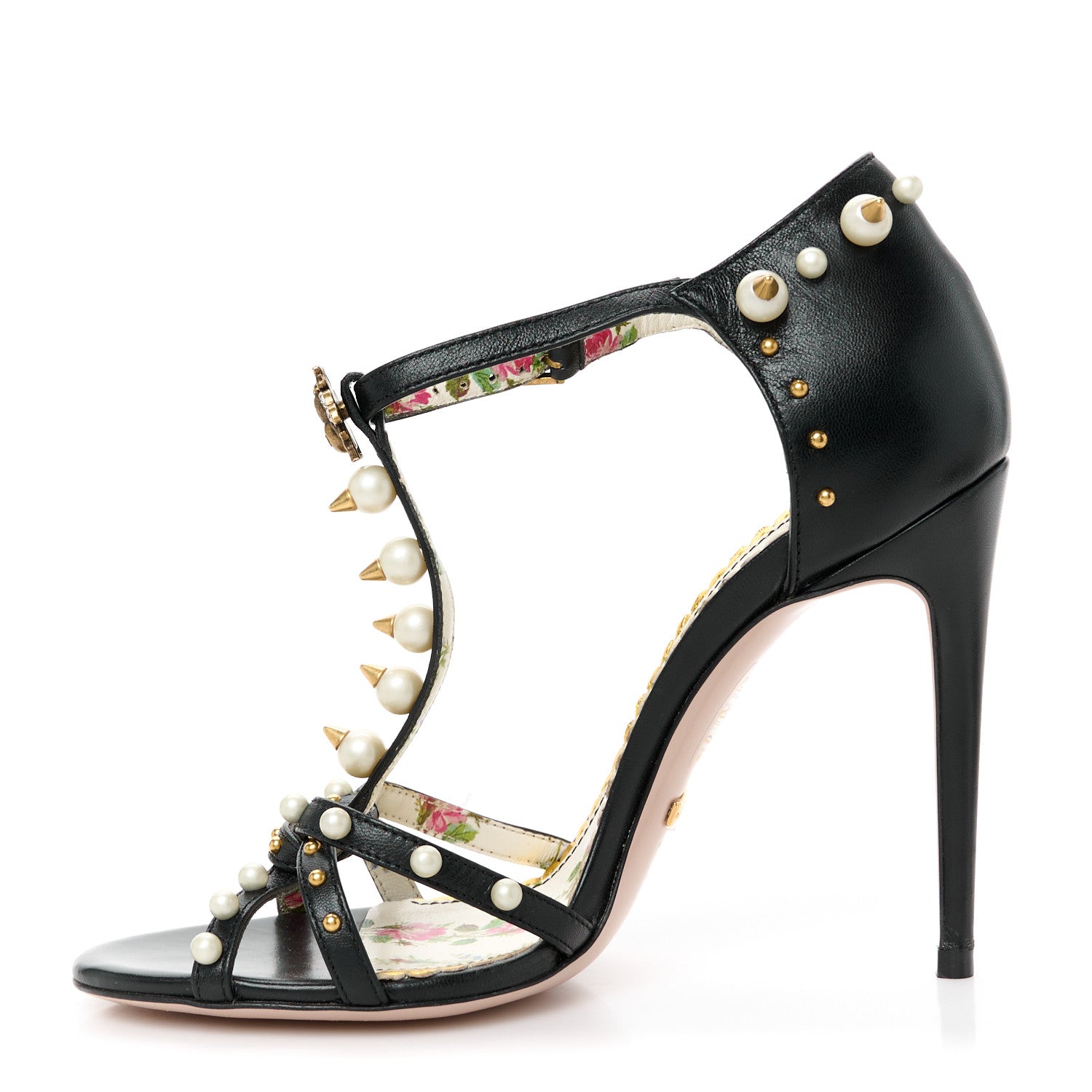 Gucci Calfskin Pearl Studded Regina T-Strap High Heel Sandals 35.5 Black 1 of 9