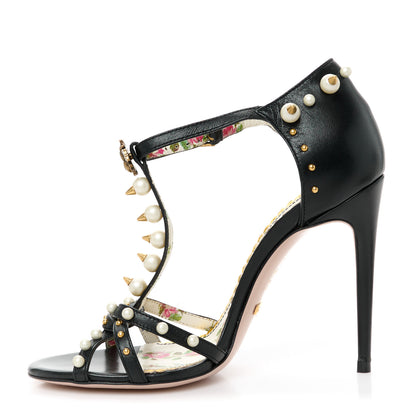 Gucci Calfskin Pearl Studded Regina T-Strap High Heel Sandals 35.5 Black 1 of 9