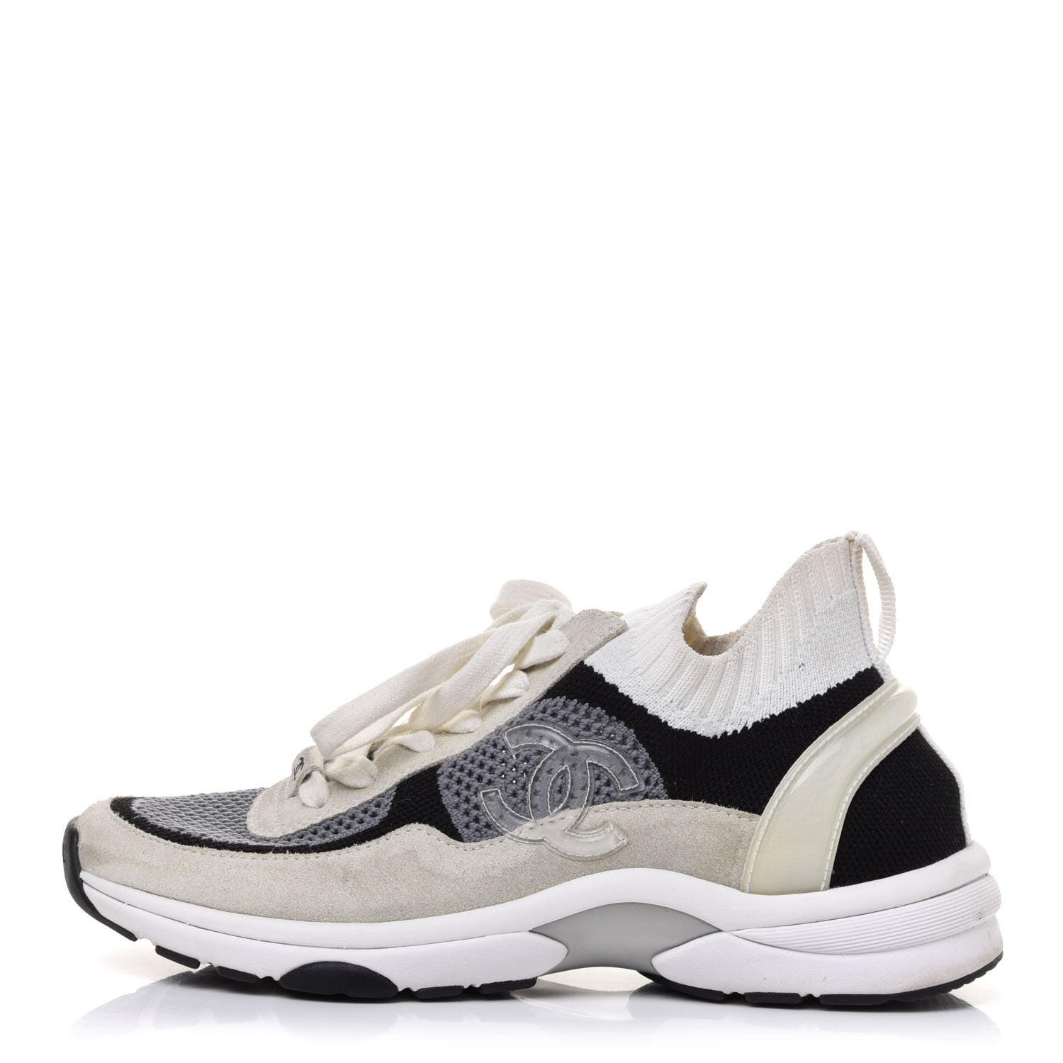 Chanel Fabric Suede Calfskin Stretch CC Sneakers Beige Black 1 of 8