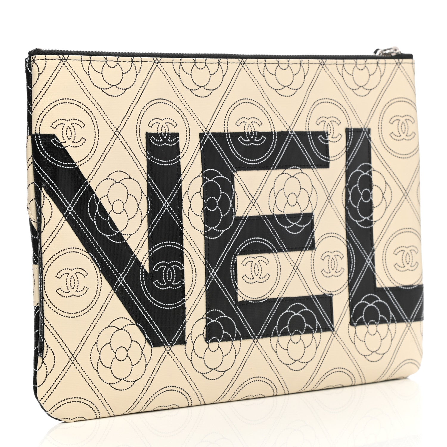 Chanel Coated Canvas Calfskin Camellia Printed Pouch Black Beige 2 of 7