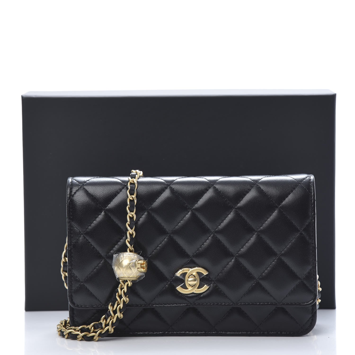 Chanel Lambskin Quilted CC Pearl Crush Wallet on Chain WOC Black 13 of 13