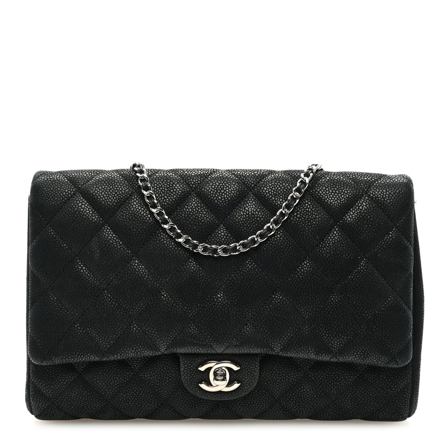 Iridescent Caviar Quilted Clutch With Chain Flap Black
