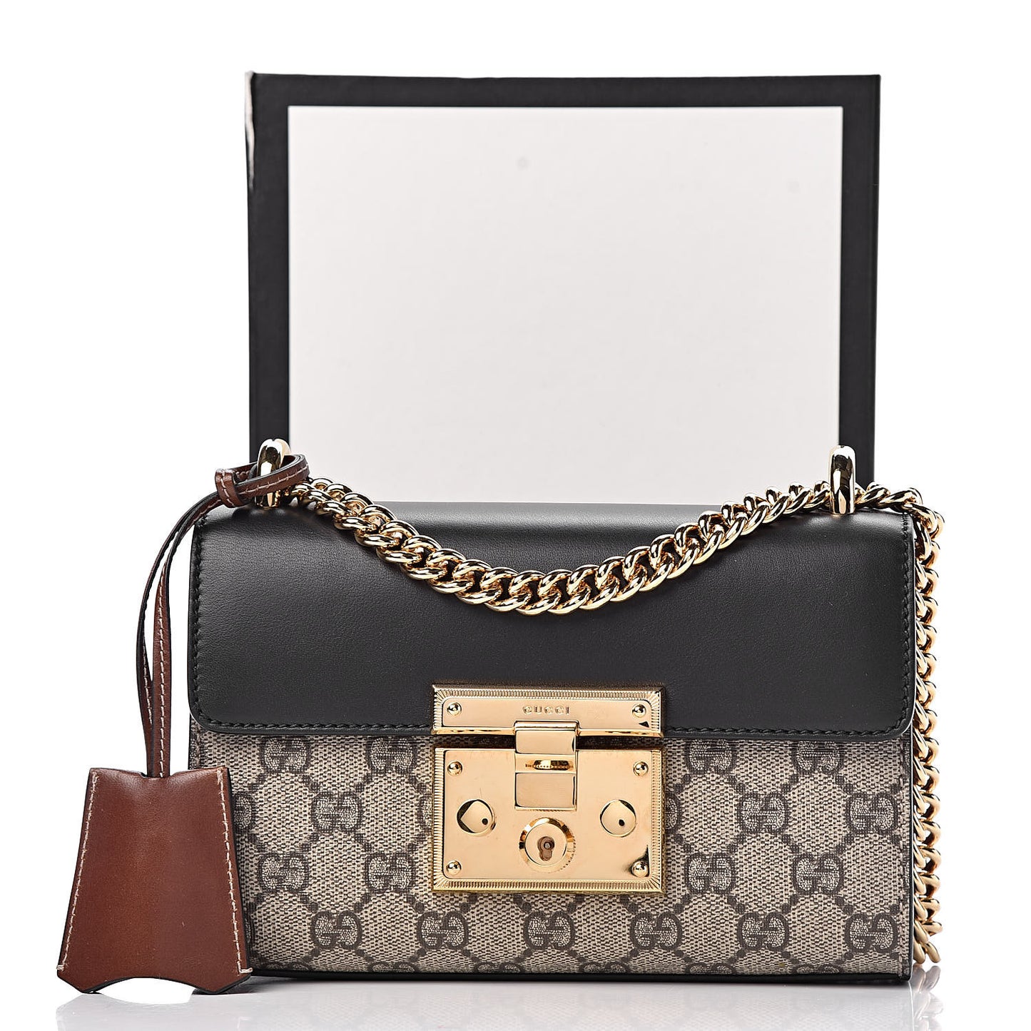 GG Supreme Monogram Calfskin Small Padlock Shoulder Bag Beige Black Cuir