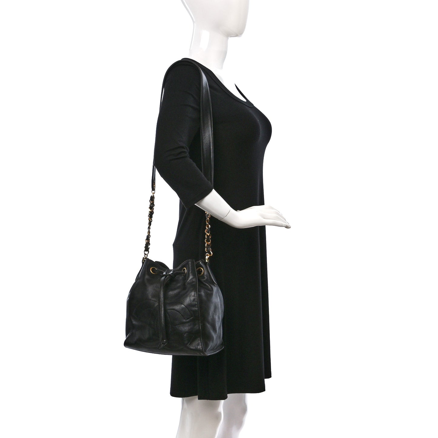 Lambskin CC Stitched Drawstring Bucket Bag Dark Brown