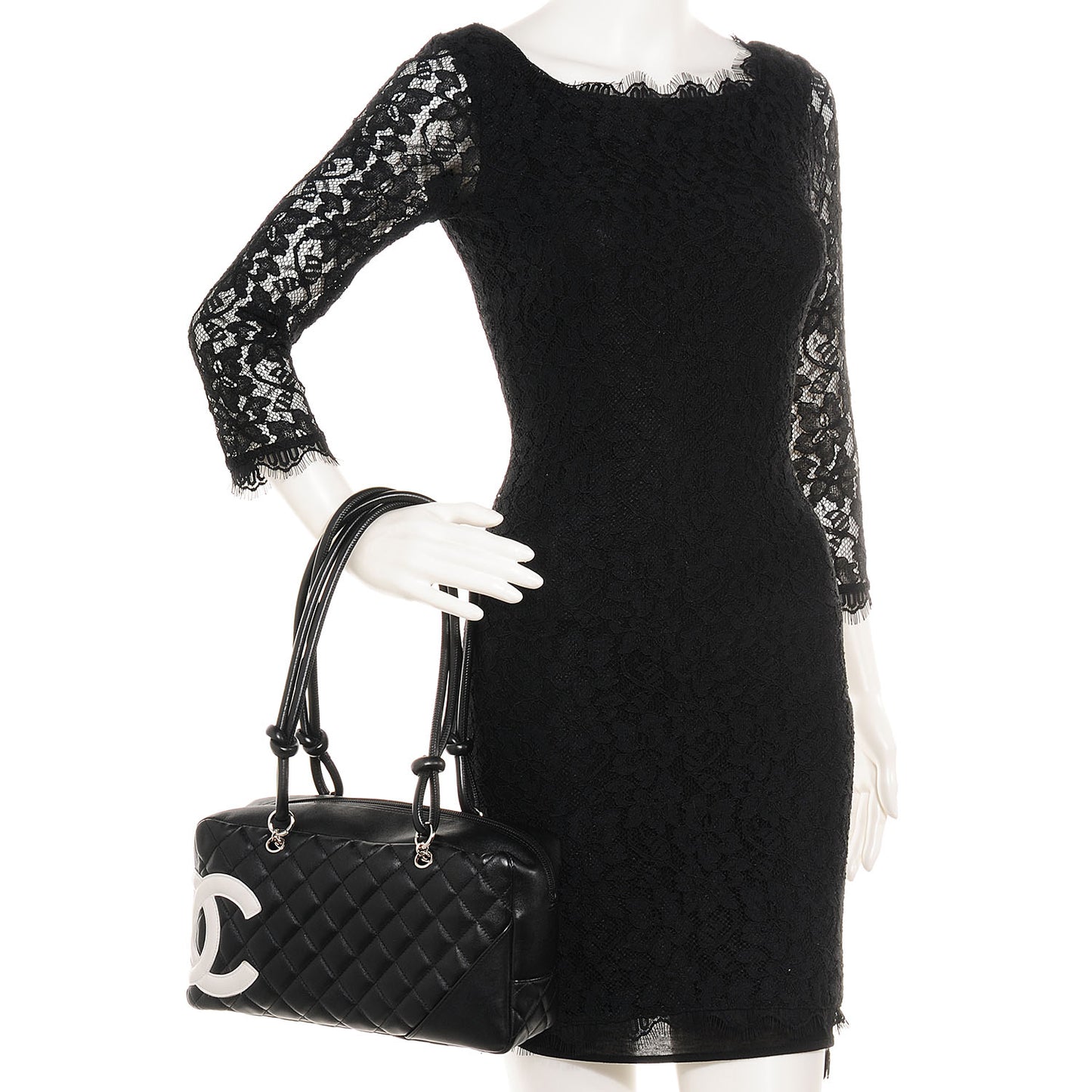 Calfskin Quilted Large Cambon Bowler Black White