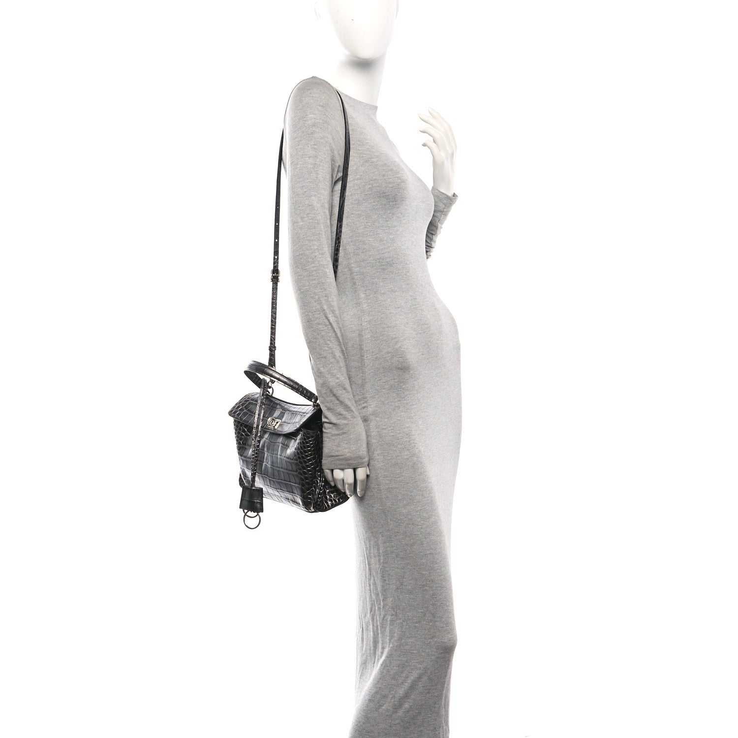 Balenciaga Metallized Calfskin Crocodile Embossed Mini Rodeo Top Handle Handbag Gunmetal 2 of 10
