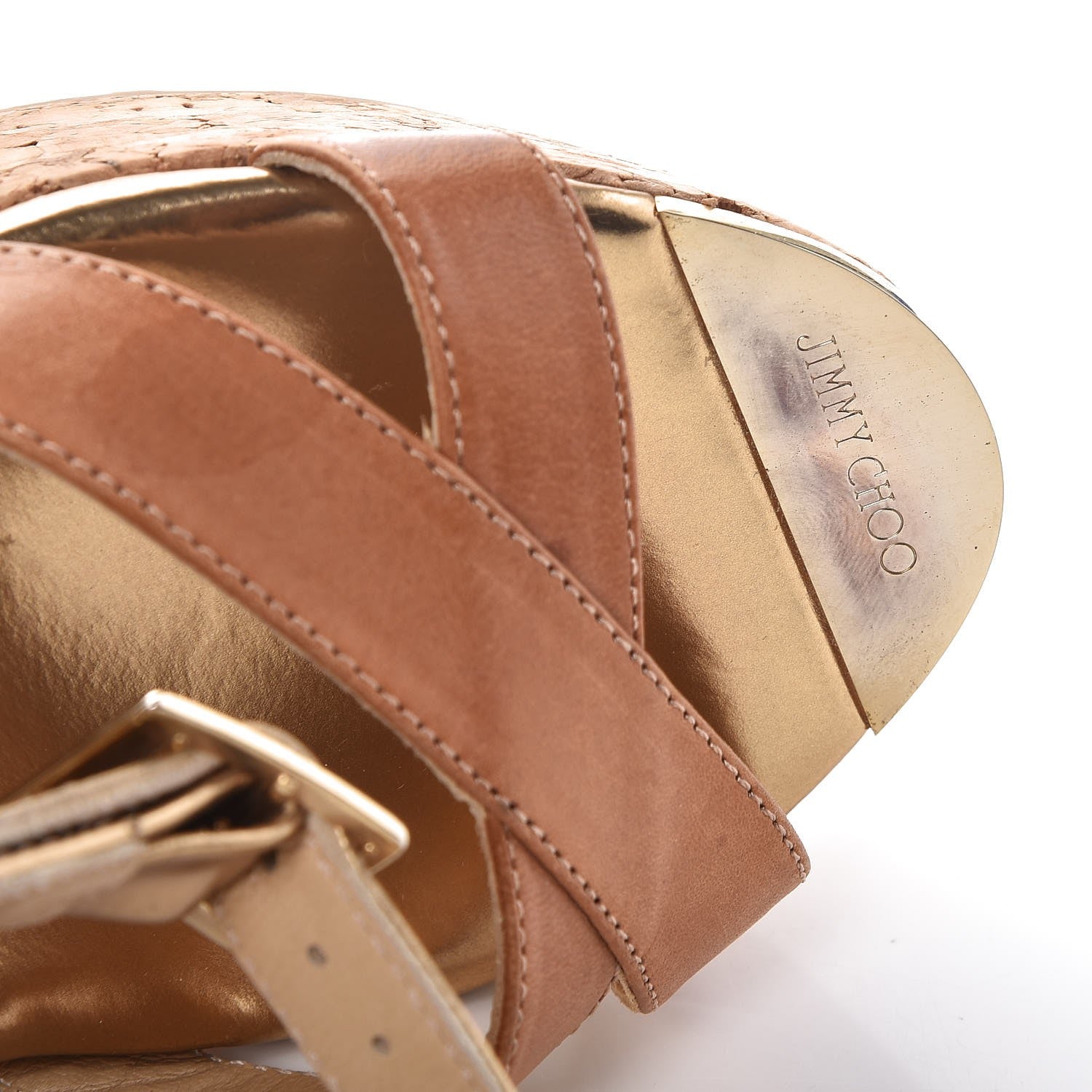 Jimmy Choo Metallic Calfskin Papyrus Cork Wedge Sandals 37.5 Gold 10 of 10
