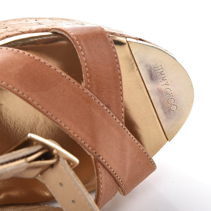 Jimmy Choo Metallic Calfskin Papyrus Cork Wedge Sandals 37.5 Gold 10 of 10
