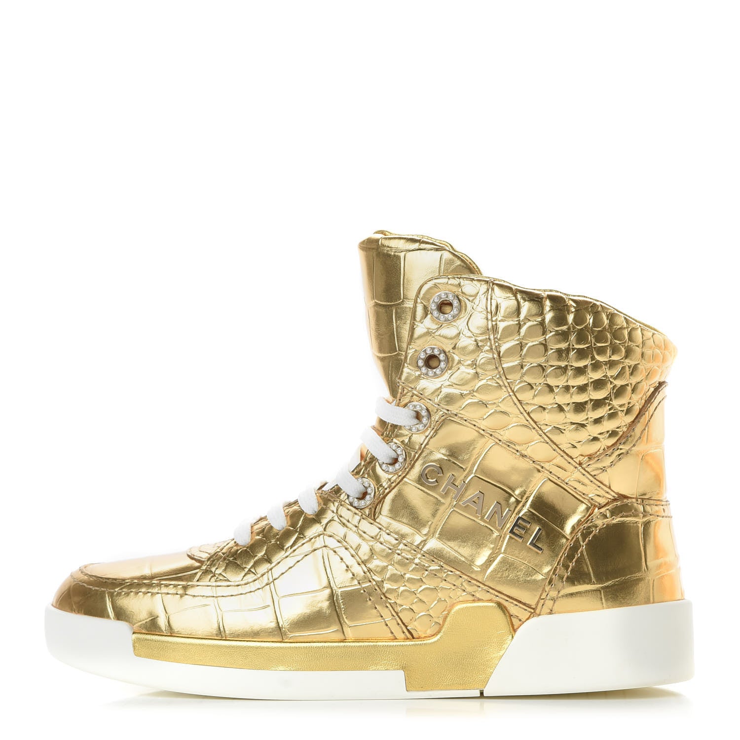 Chanel Metallic Calfskin Crocodile Embossed Cocodile High Top Sneakers 36.5 Gold 1 of 8