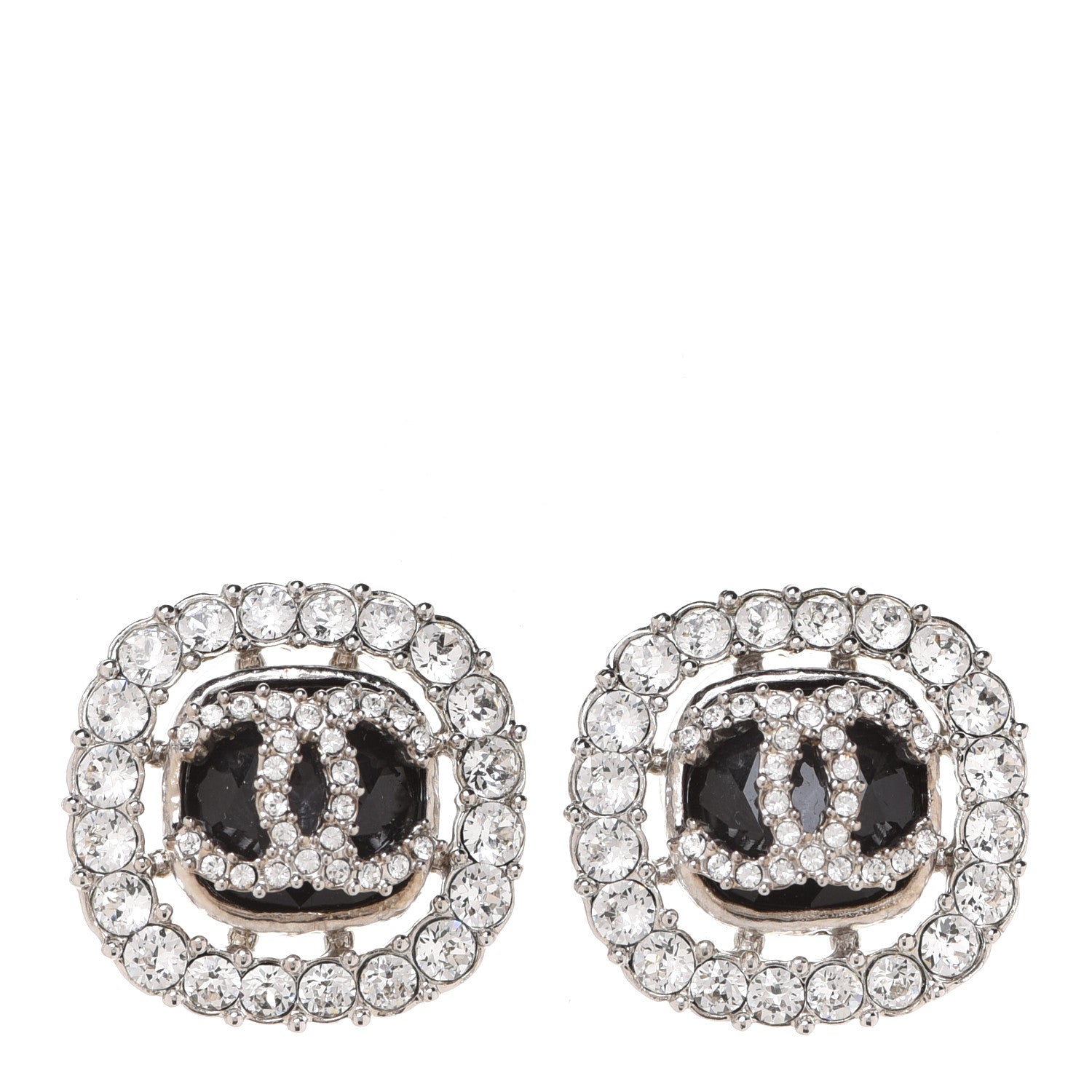 Chanel Resin Crystal CC Earrings Silver Black 1 of 5