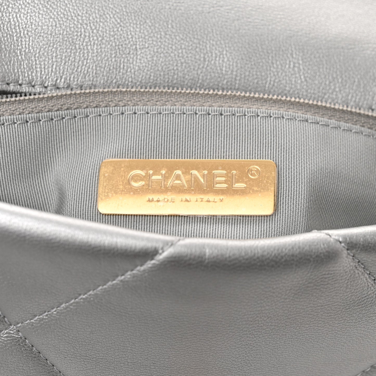 Metallic Goatskin Quilted Medium Chanel 19 Flap Silver